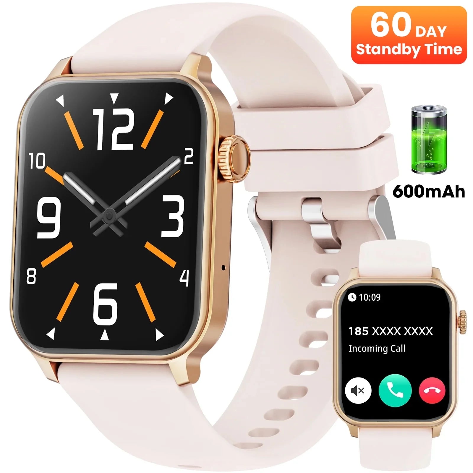 2025 New Extra Long Battery Smartwatch (Answer/Make Calls/600Mah/ 100+ Sport Modes), 1.85-Inch, with Activity Fitness Tracker, Fits for Android and Iphone Devices（Pink）